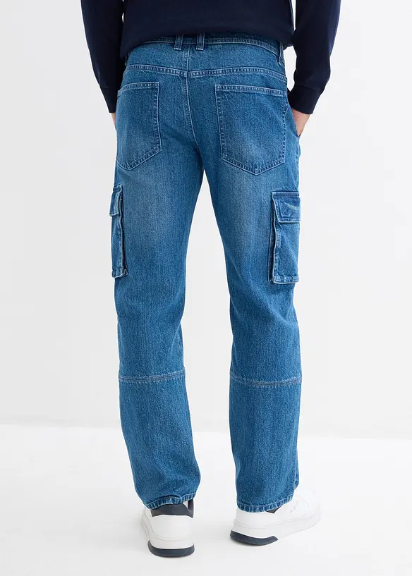 Relaxed-Fit Cargo-Jeans, Straight in blau von hinten - bonprix
