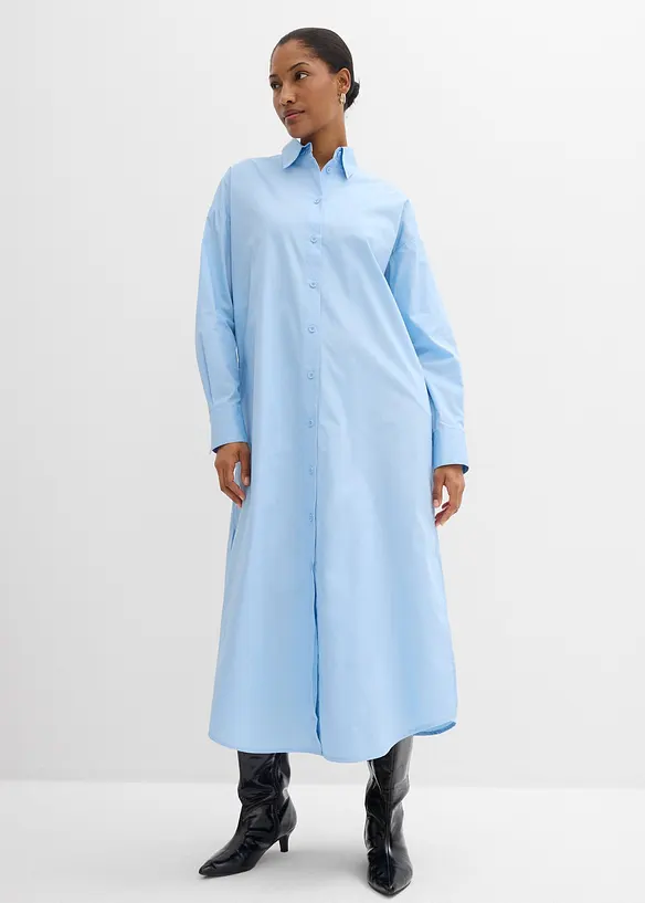 Hemdblusenkleid aus reiner Baumwolle in blau von vorne (Totalaufnahme) - bonprix