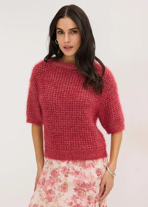 Grobstrick-Pullover mit Federgarn in rot von vorne (im Anschnitt) - bonprix Grobstrick-Pullover mit Federgarn in rot von vorne (im Anschnitt) - bonprix