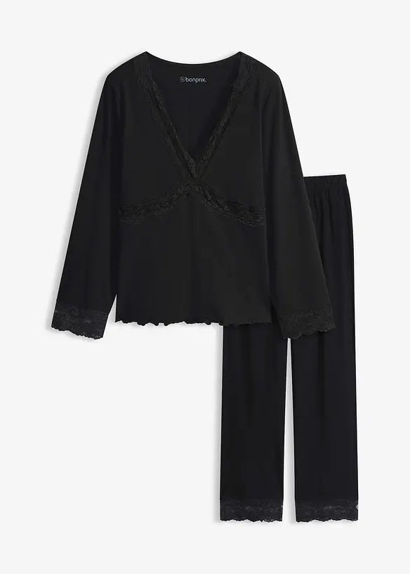 Pyjama mit Spitzenbesatz in schwarz von vorne - bonprix