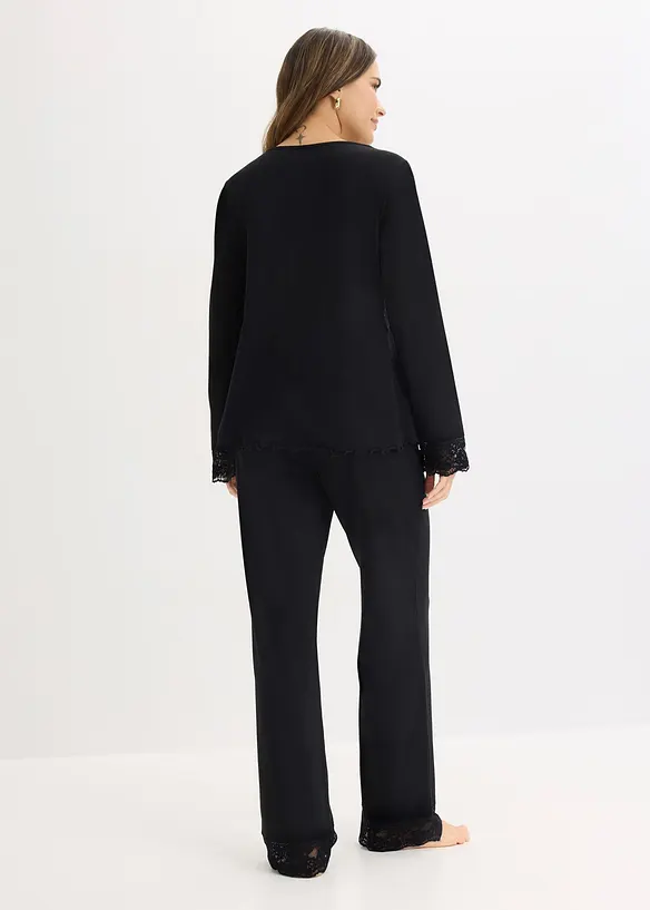 Pyjama mit Spitzenbesatz in schwarz von hinten (Totalaufnahme) - bonprix