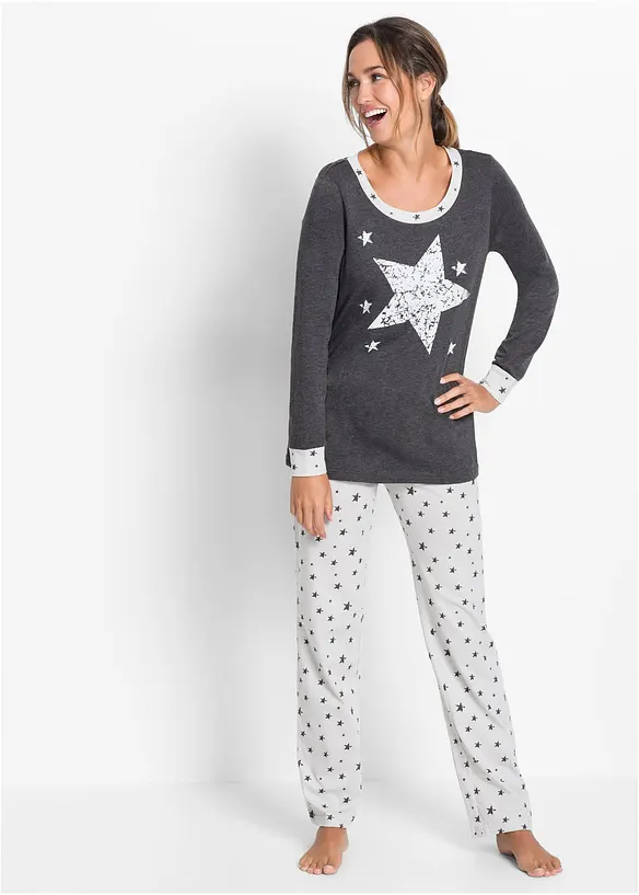 Pyjama mit Bio-Baumwolle in grau von vorne (Totalaufnahme) - bonprix