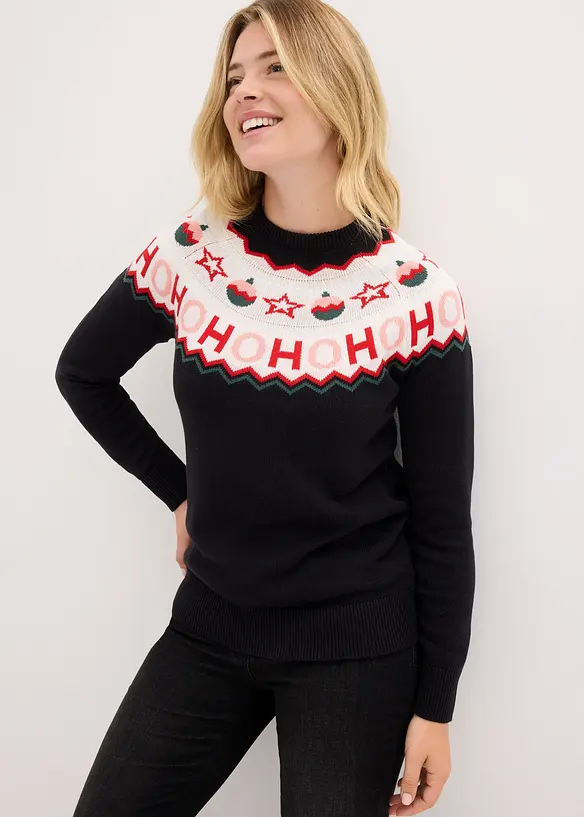 Pullover mit Weihnachtsmotiv in schwarz von vorne (im Anschnitt) - bonprix