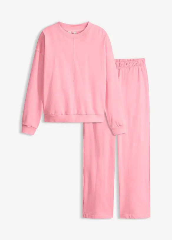 Loungewear Sweat Hausanzug mit verkürztem Oberteil in rosa von vorne - bonprix