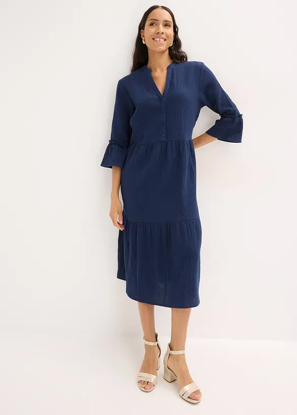 Midikleid aus weichem Musselin in blau von vorne (Totalaufnahme) - bonprix