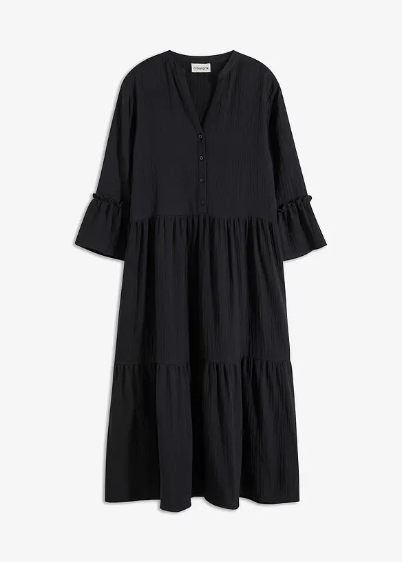 Midikleid aus weichem Musselin in schwarz von vorne - bonprix