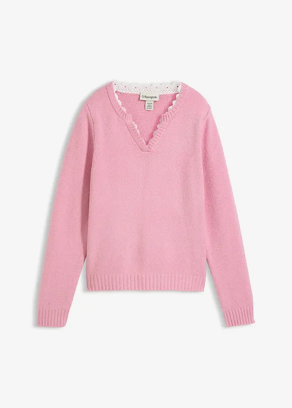 Pullover mit Spitzeneinsatz in rosa von vorne - bonprix