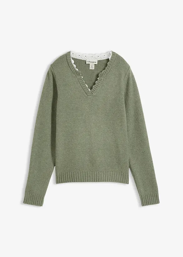 Pullover mit Spitzeneinsatz in grün von vorne - bonprix