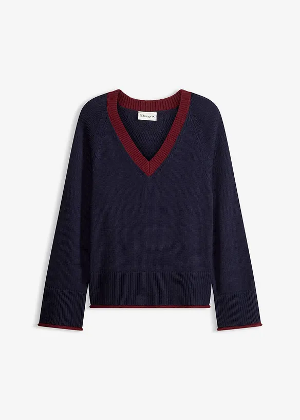 Pullover mit  kontrastfarbigen Streifen in blau von vorne - bonprix