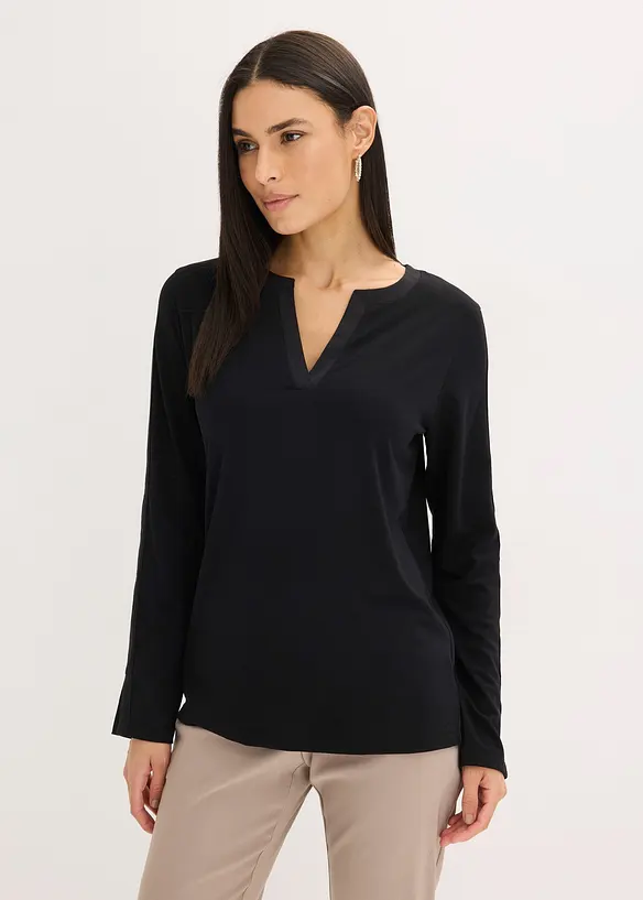 Langarmshirt mit Satinbesatz in schwarz von vorne (im Anschnitt) - bonprix Langarmshirt mit Satinbesatz in schwarz von vorne (im Anschnitt) - bonprix