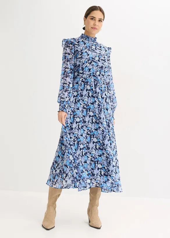 Chiffonkleid mit Stehkragen in blau von vorne (Totalaufnahme) - bonprix