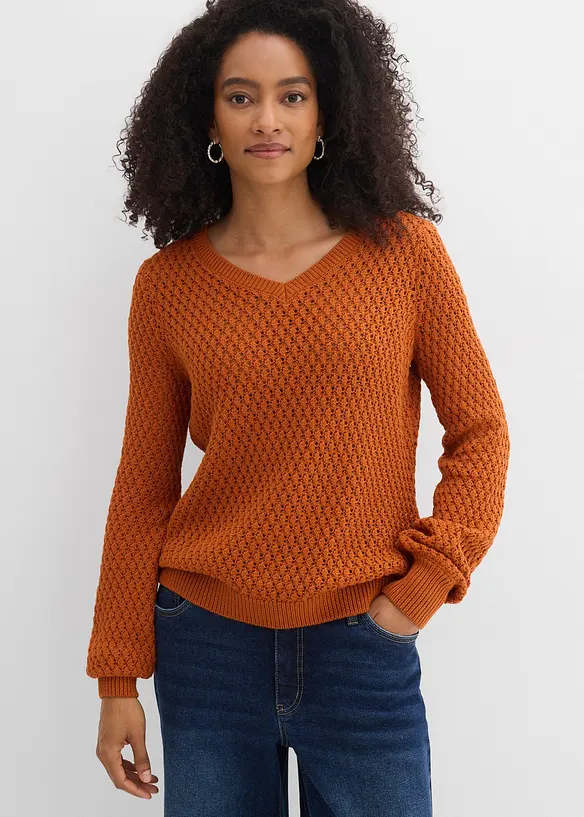 Pullover aus Baumwoll-Mix in braun von vorne (im Anschnitt) - bonprix
