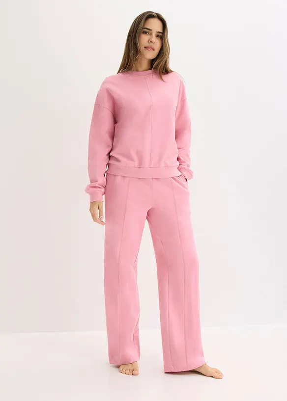 Loungewear Sweat Hausanzug mit verkürztem Oberteil in rosa von vorne (Totalaufnahme) - bonprix