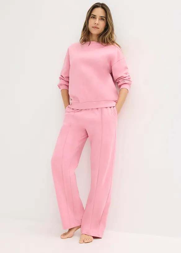 Loungewear Sweat Hausanzug mit verkürztem Oberteil in rosa im Look von vorne (Totalaufnahme) - bonprix
