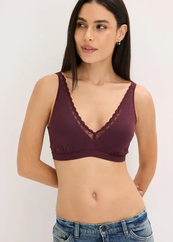 Geripptes Bralette mit Bio-Baumwolle und Spitze in rot von vorne (im Anschnitt) - bonprix