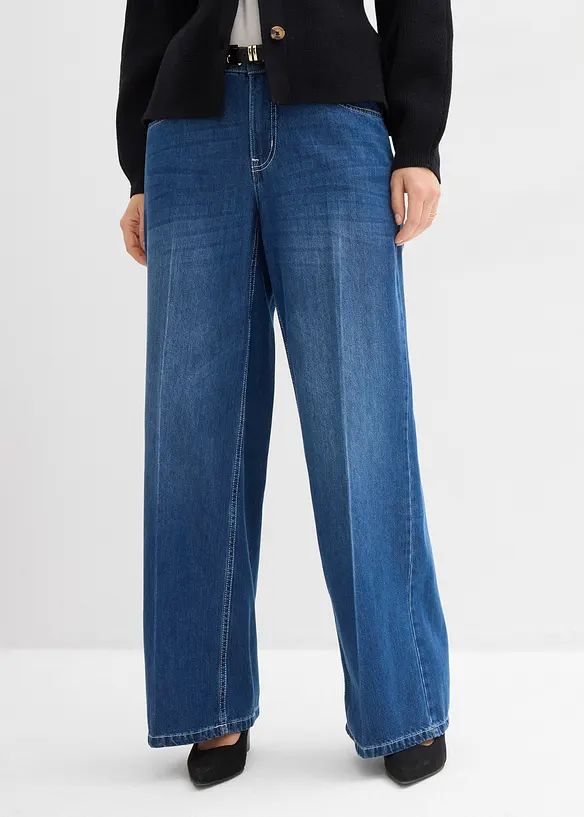 Wide-Leg-Jeans Mid Waist in blau von vorne - bonprix
