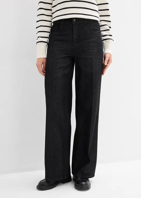 Wide-Leg-Jeans Mid Waist in schwarz von vorne - bonprix