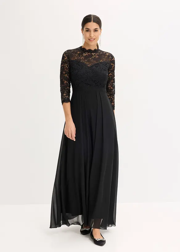 Maxikleid mit Spitze in schwarz von vorne (Totalaufnahme) - bonprix Maxikleid mit Spitze in schwarz von vorne (Totalaufnahme) - bonprix