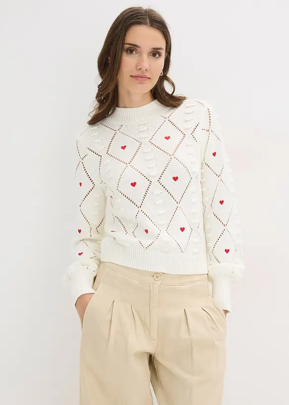 Ajour-Pullover aus Baumwoll-Mix in weiß von vorne (im Anschnitt) - bonprix