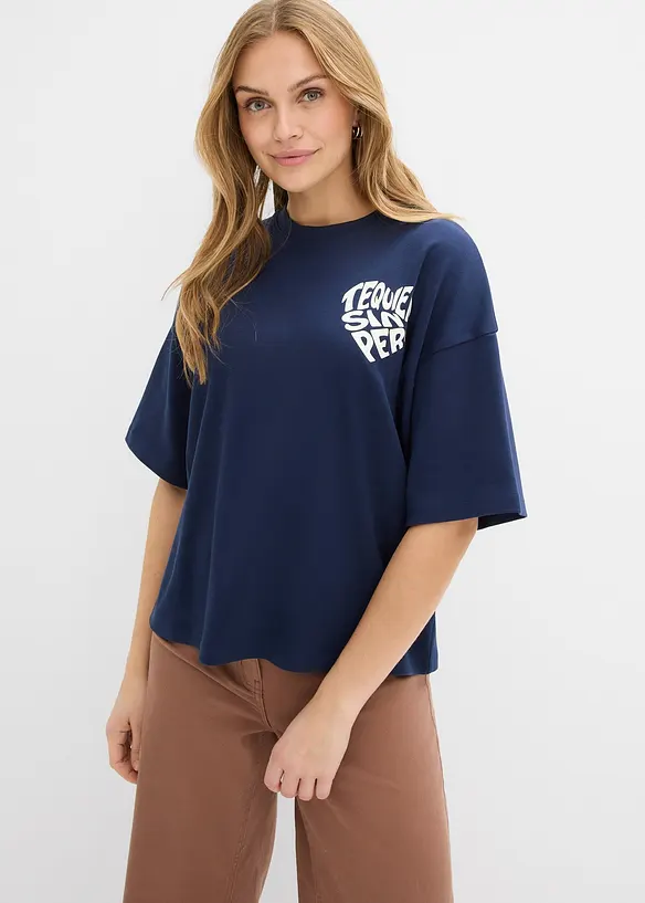 Boxy-Shirt aus schwerer Baumwolle in blau von vorne (im Anschnitt) - bonprix