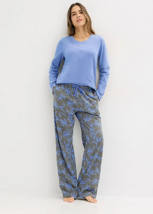 Pyjama (3-tlg.Set) aus reiner Baumwolle in blau im Look von vorne (Totalaufnahme) - bonprix