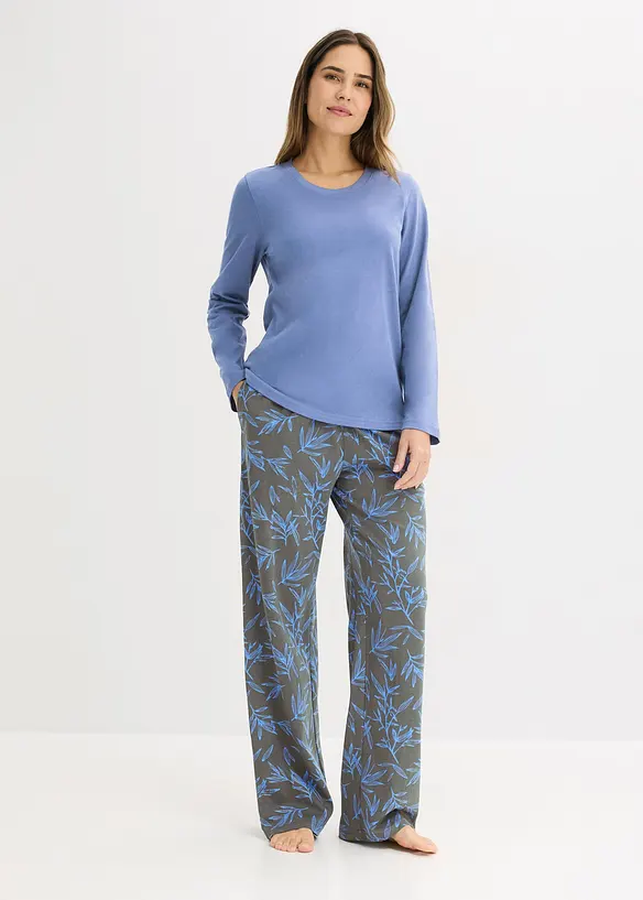 Pyjama (3-tlg.Set) aus reiner Baumwolle in blau von vorne (Totalaufnahme) - bonprix