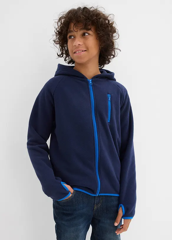 Fleecejacke mit Kontrastdetails in blau von vorne (im Anschnitt) - bonprix