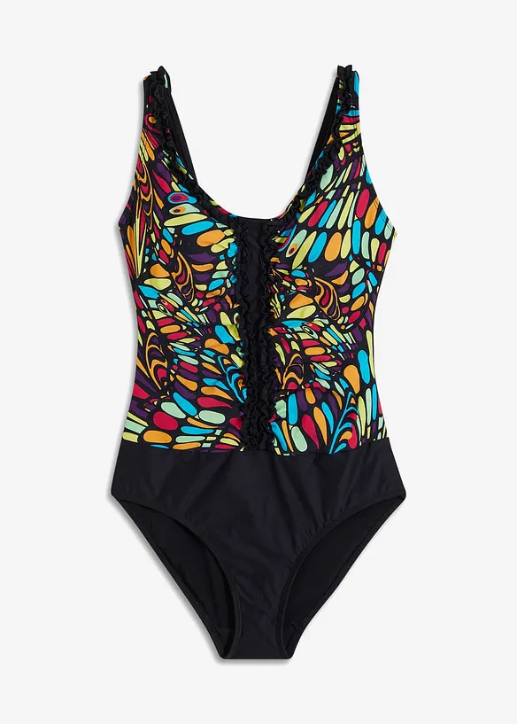Medium Shape-Badeanzug mit Rüschen in schwarz von vorne - bonprix