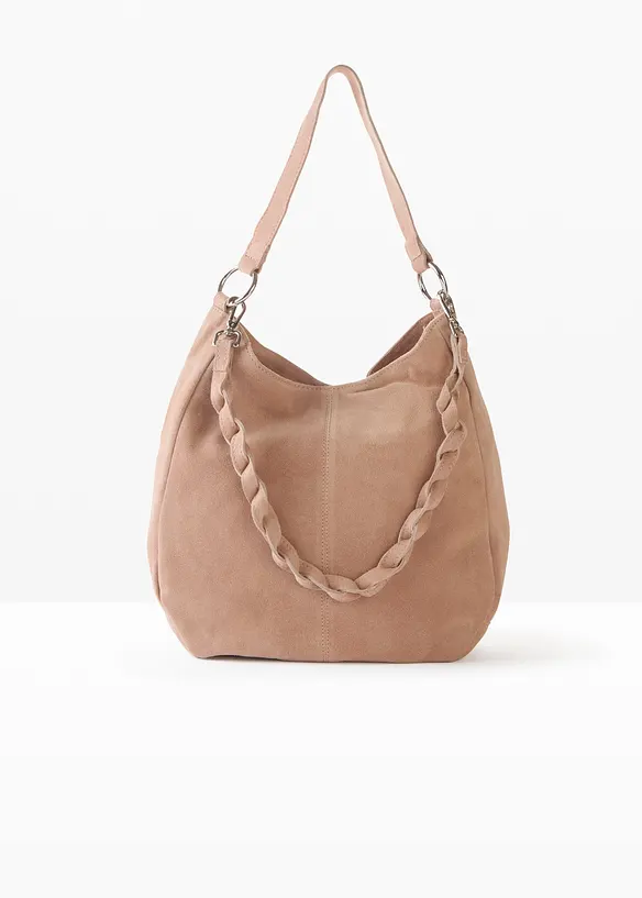Veloursledertasche mit dekorativem Zusatzriemen in beige von vorne - bonprix