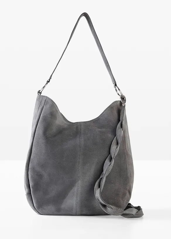 Veloursledertasche mit dekorativem Zusatzriemen in grau von vorne - bonprix