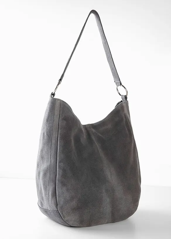 Veloursledertasche mit dekorativem Zusatzriemen in grau von hinten - bonprix