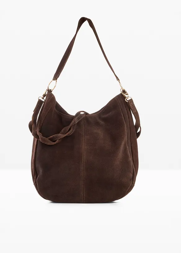 Veloursledertasche mit dekorativem Zusatzriemen in braun von vorne - bonprix