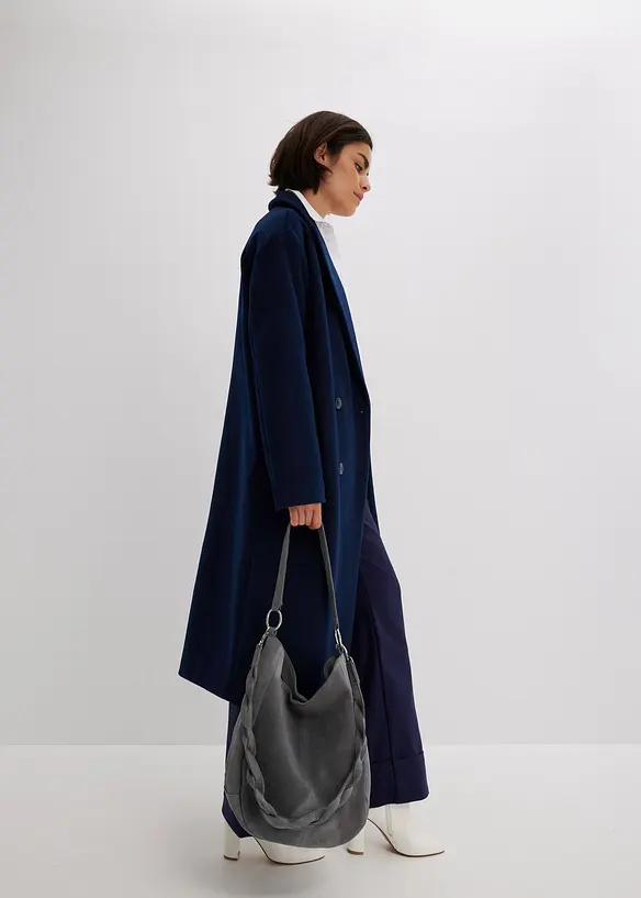 Veloursledertasche mit dekorativem Zusatzriemen in grau geöffnet - bonprix