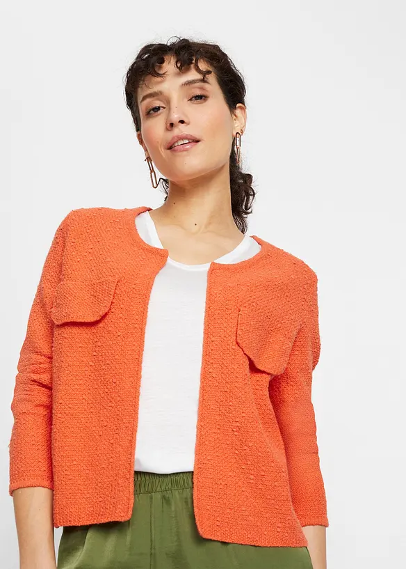 Bouclé Strickjacke in orange von vorne (im Anschnitt) - bonprix