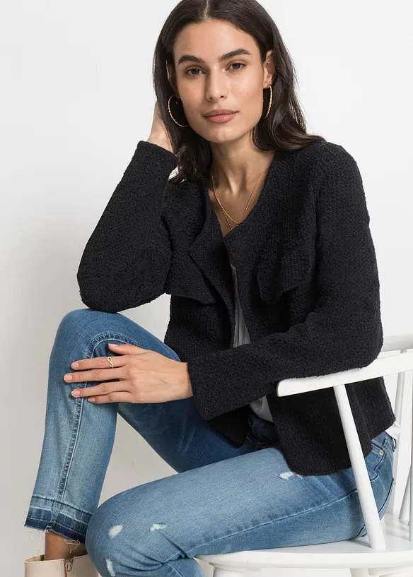 Bouclé Strickjacke in schwarz von vorne (im Anschnitt) - bonprix
