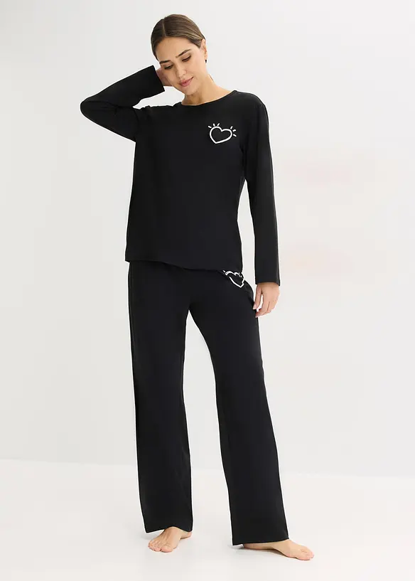 Pyjama aus weicher Baumwolle in schwarz von vorne (Totalaufnahme) - bonprix