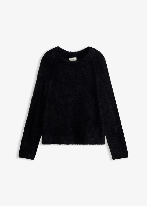 Ajour-Pullover mit Federgarn in schwarz von vorne - bonprix