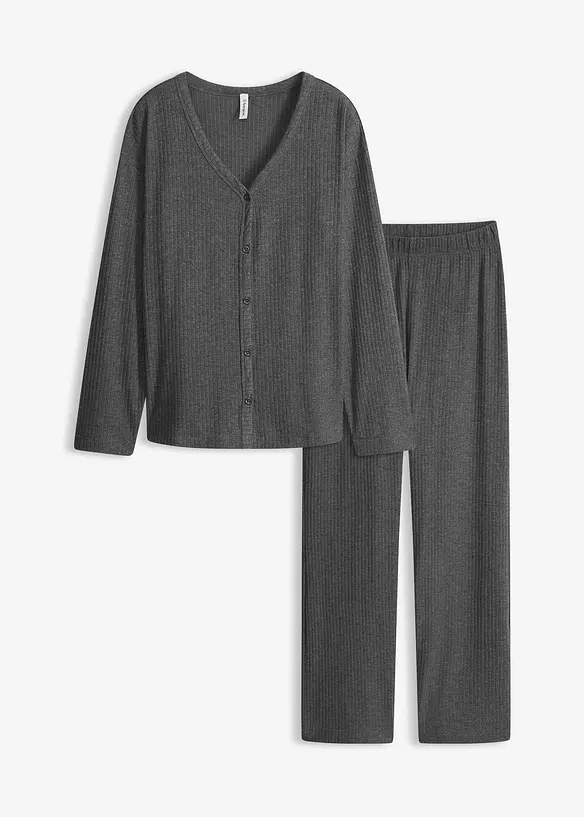 Loungewear Hausanzug aus weicher Rippe in grau von vorne - bonprix