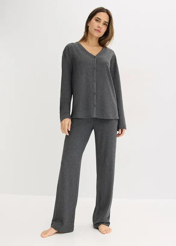 Loungewear Hausanzug aus weicher Rippe in grau von vorne (Totalaufnahme) - bonprix