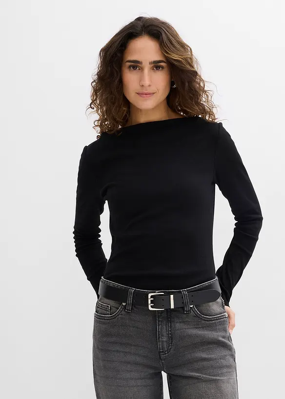 Figurbetontes Rippshirt in schwarz von vorne (im Anschnitt) - bonprix Figurbetontes Rippshirt in schwarz von vorne (im Anschnitt) - bonprix