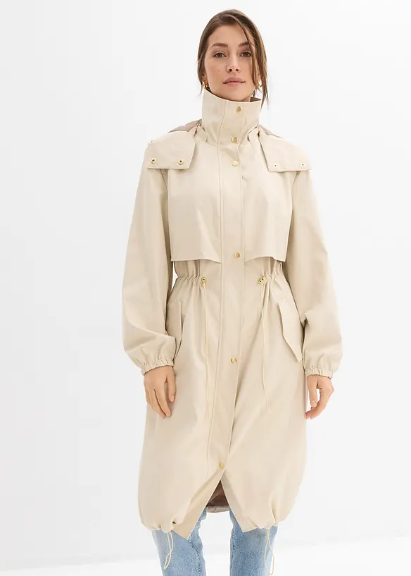 Übergangsmantel mit abnehmbarer Kapuze in beige von vorne (Totalaufnahme) - bonprix