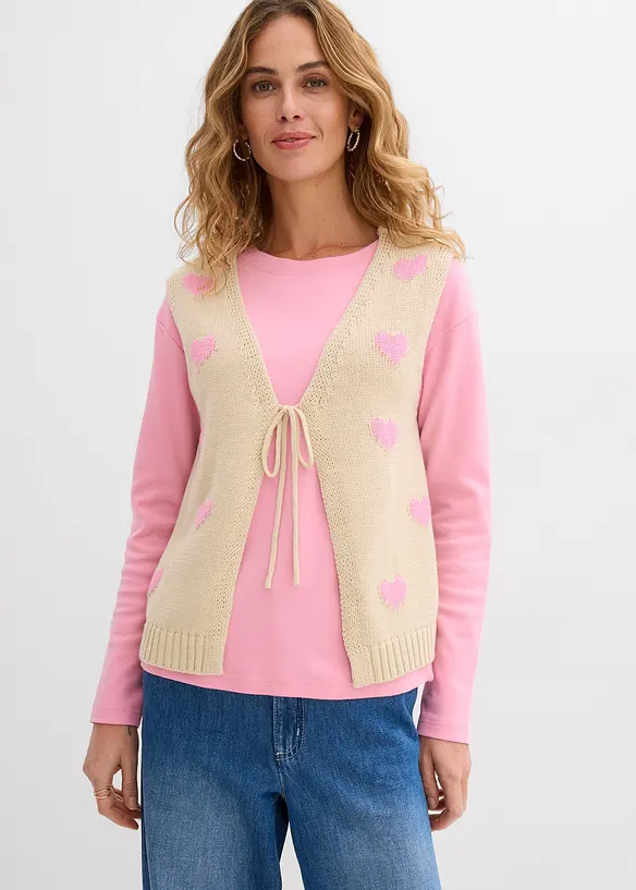 Strick-Weste aus Baumwoll-Mix in beige von vorne (im Anschnitt) - bonprix