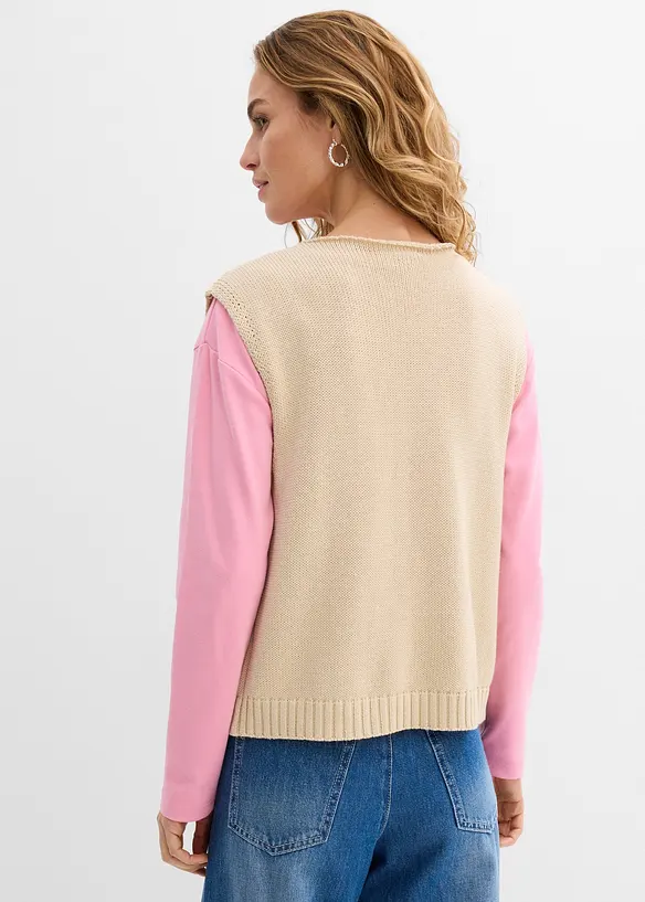 Strick-Weste aus Baumwoll-Mix in beige von hinten (im Anschnitt) - bonprix