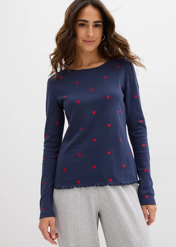Langarmshirt aus reiner Baumwolle in blau von vorne (im Anschnitt) - bonprix