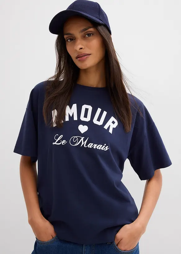 T-Shirt aus elastischem Bio-Baumwoll-Mix in blau von vorne (im Anschnitt) - bonprix
