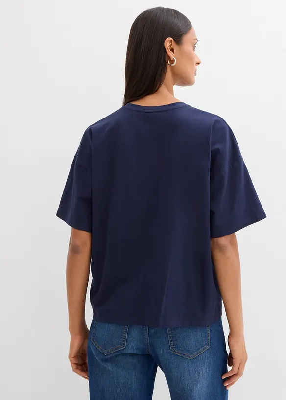 T-Shirt aus elastischem Bio-Baumwoll-Mix in blau von hinten (im Anschnitt) - bonprix