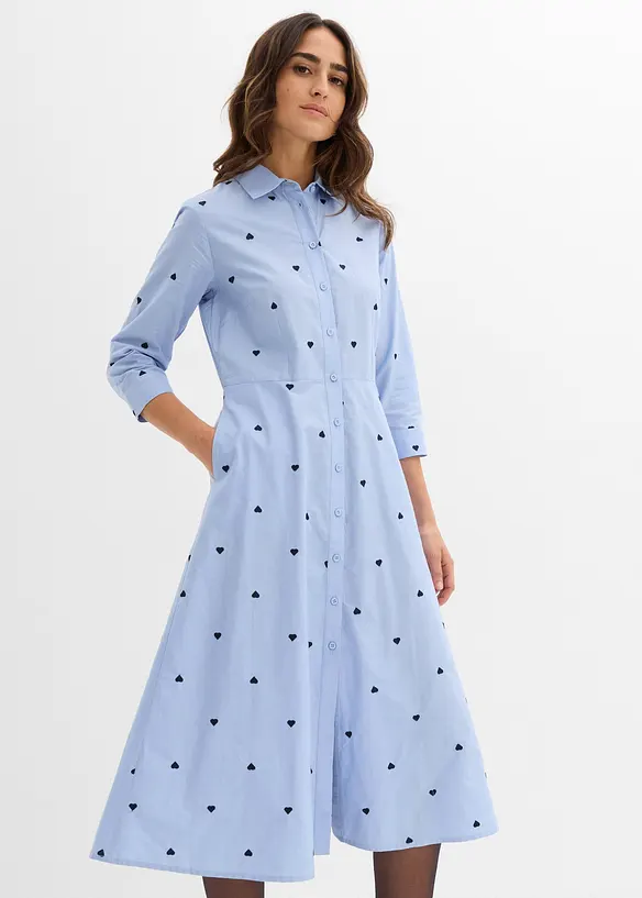 Hemdblusenkleid aus reiner Baumwolle in blau von vorne (Totalaufnahme) - bonprix