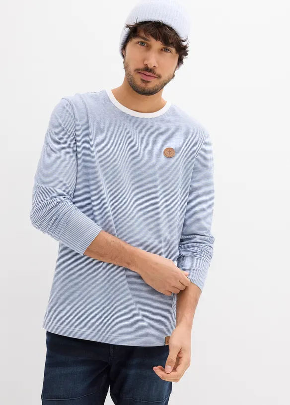 Langarmshirt aus reiner Bio-Baumwolle in blau von vorne (im Anschnitt) - bonprix