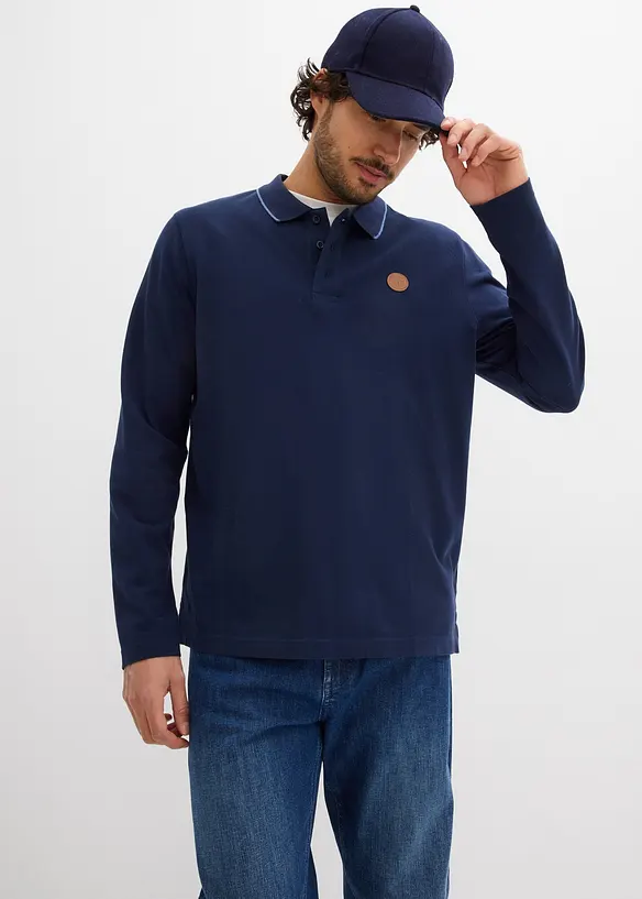Langarm-Poloshirt aus reiner Bio-Baumwolle in blau von vorne (im Anschnitt) - bonprix