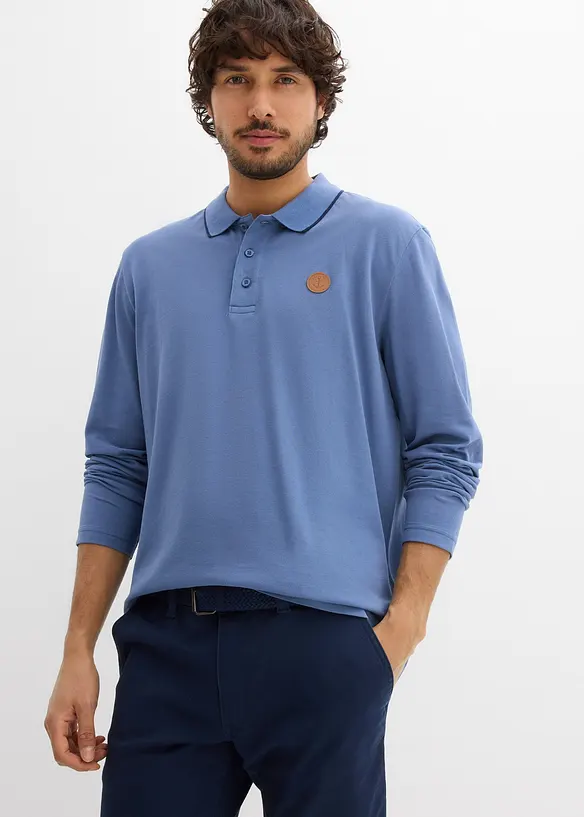 Langarm-Poloshirt aus reiner Bio-Baumwolle in blau von vorne (im Anschnitt) - bonprix
